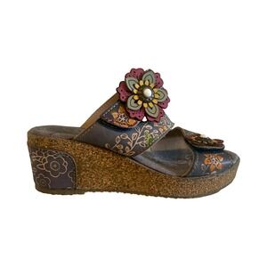 L'Artiste Spring Step blue Floral Leather Wedge Sandals Boho Slide 37 whimsi red